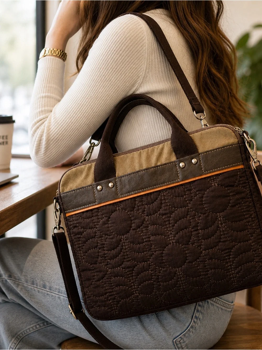 Fossil Laptop Tote Quilted Brown Work Bag Leather Trim